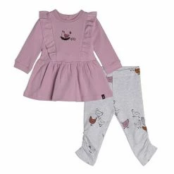 Deux Par Deux Organic Cotton Dress And Leggings Set Hen Print Dusty Purple And Beige