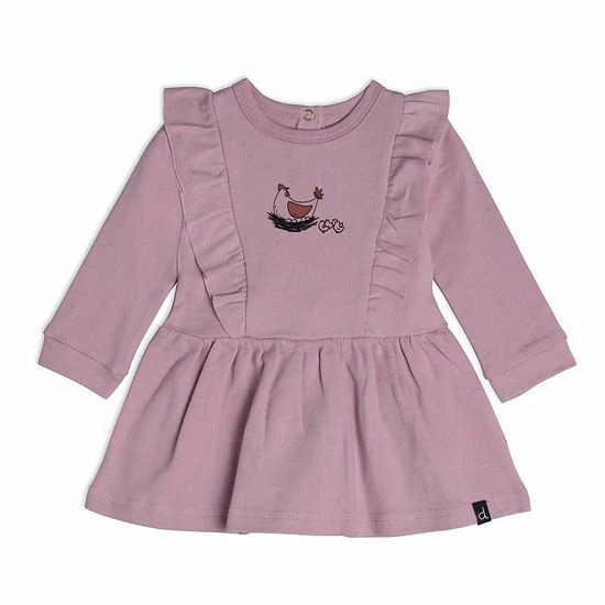 Deux Par Deux Organic Cotton Dress And Leggings Set Hen Print Dusty Purple And Beige - Image 2