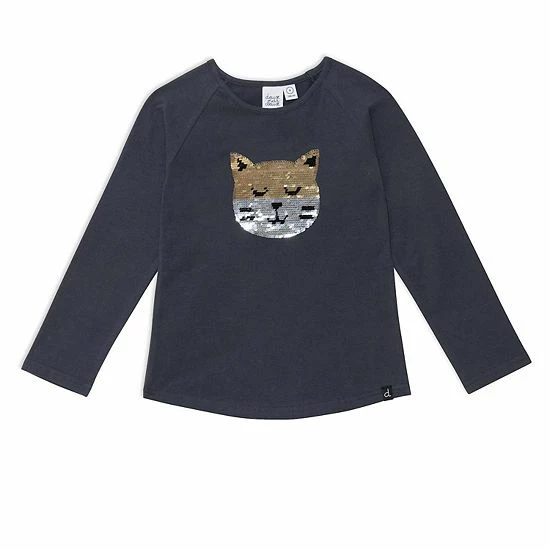 Deux Par Deux Raglan Long Sleeve Top With Sequin Cat Print
