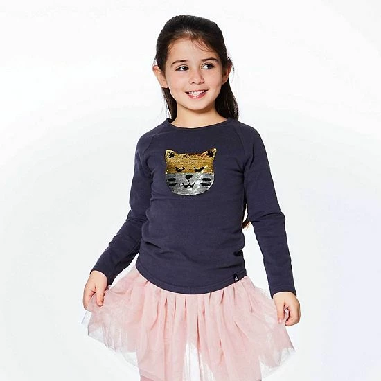 Deux Par Deux Raglan Long Sleeve Top With Sequin Cat Print - Image 2