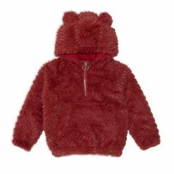Deux Par Deux Hooded Long Sleeve Fake Fur Top Red