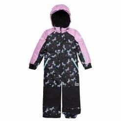 Deux Par Deux One Piece Snowsuit Printed Unicorns Black And Lilac
