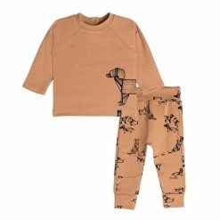 Deux Par Deux Organic Cotton Printed Dogs Top And Pant Set Brown